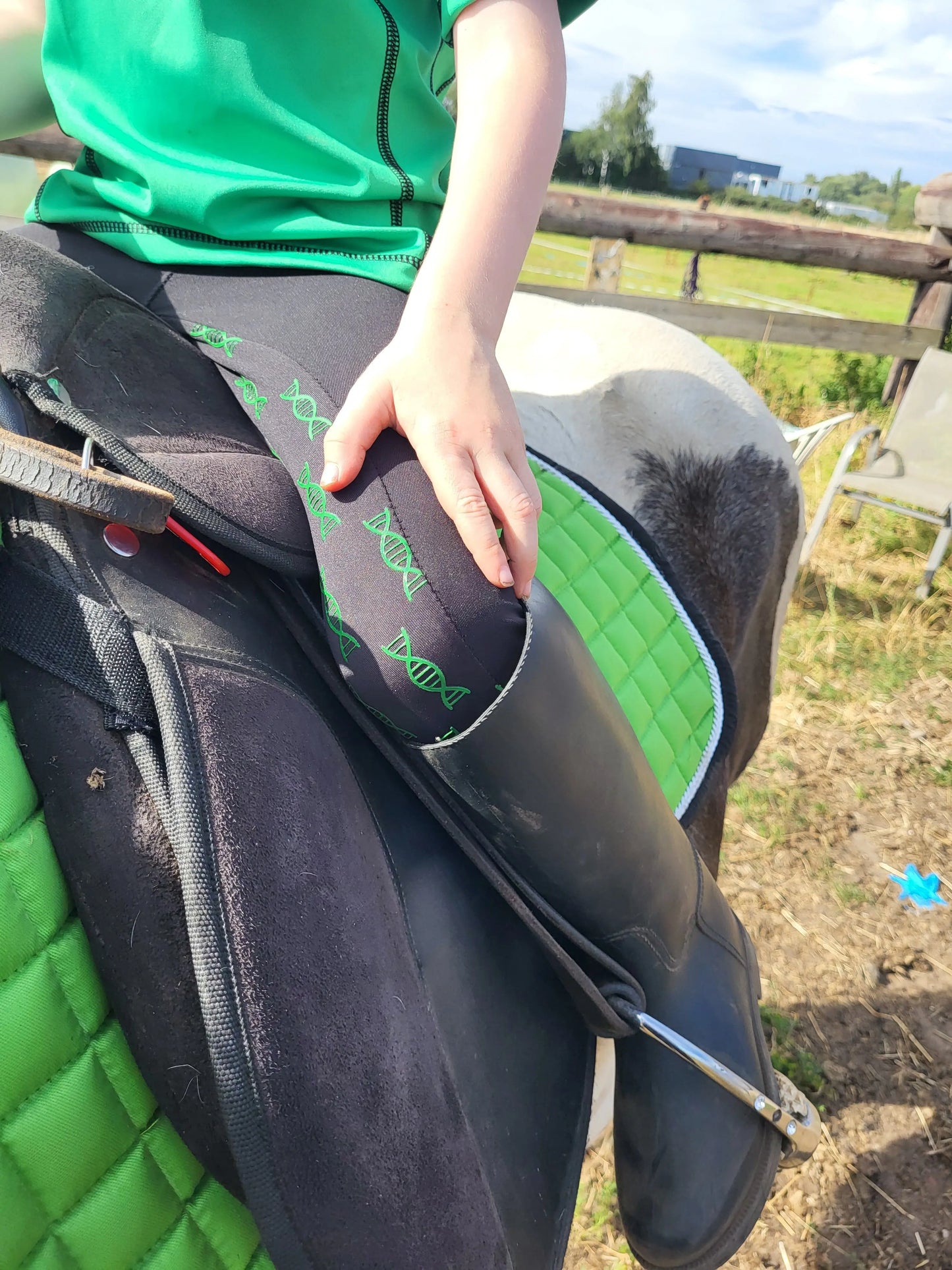 Childrens riding tights in green/black DNA equestrian ltd