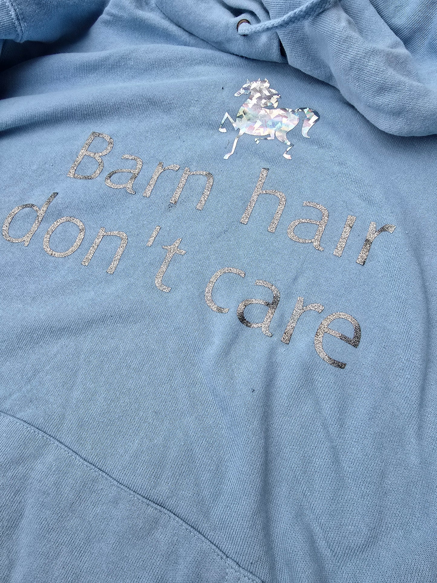 Ladies fit "barn hair, don't care" baby blue hoodie