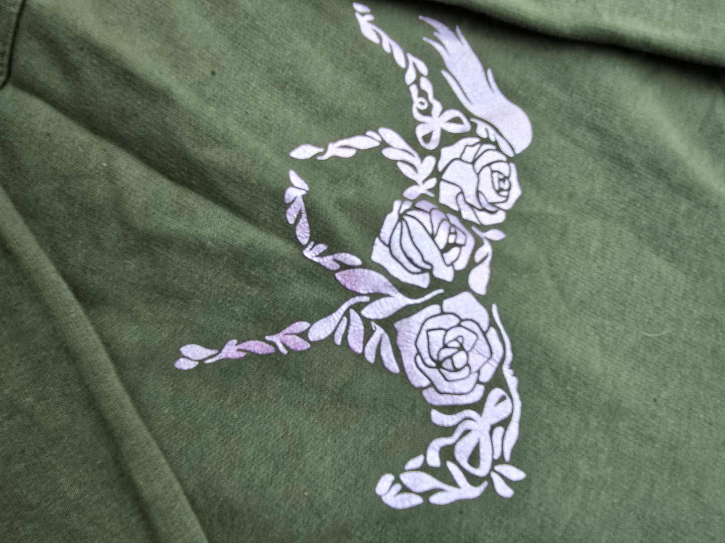 Unisex green hoodie with purple shimmer rose horse