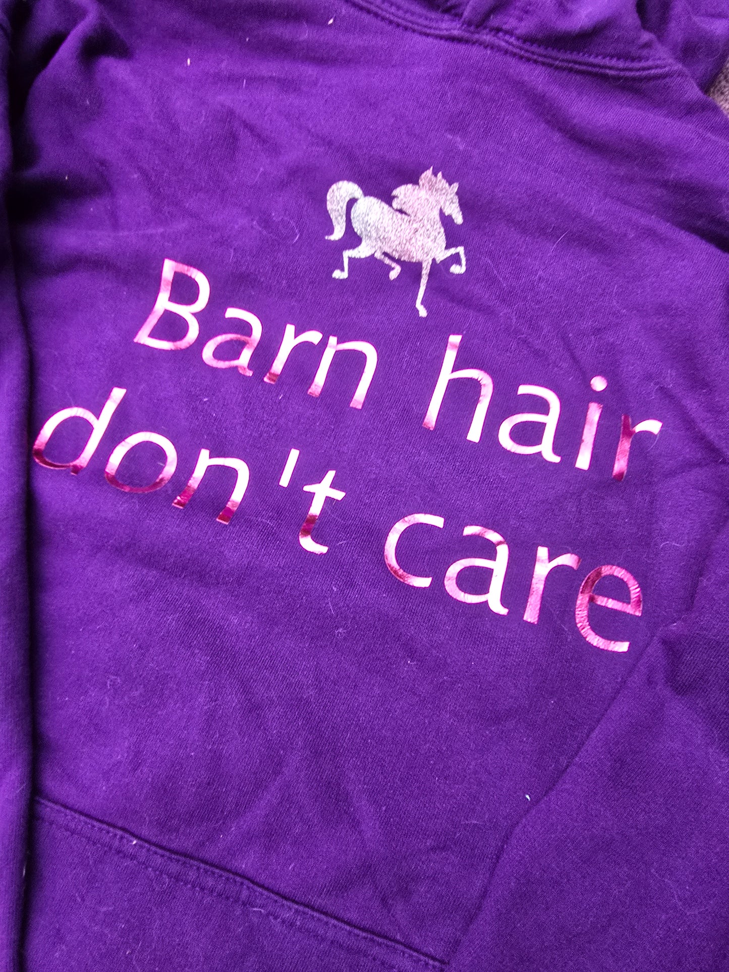 Unisex purple hoodie "barn hair, don't care"