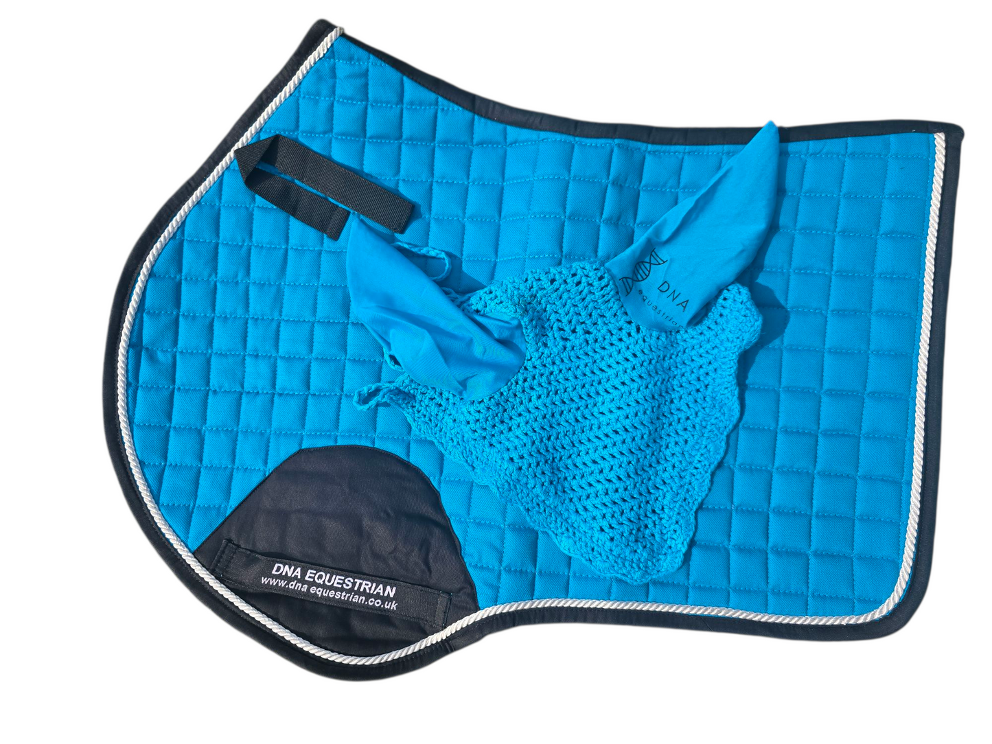 Blue saddle pad and fly veil set