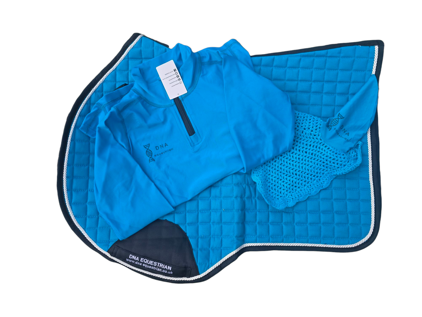Blue saddle pad and fly veil set