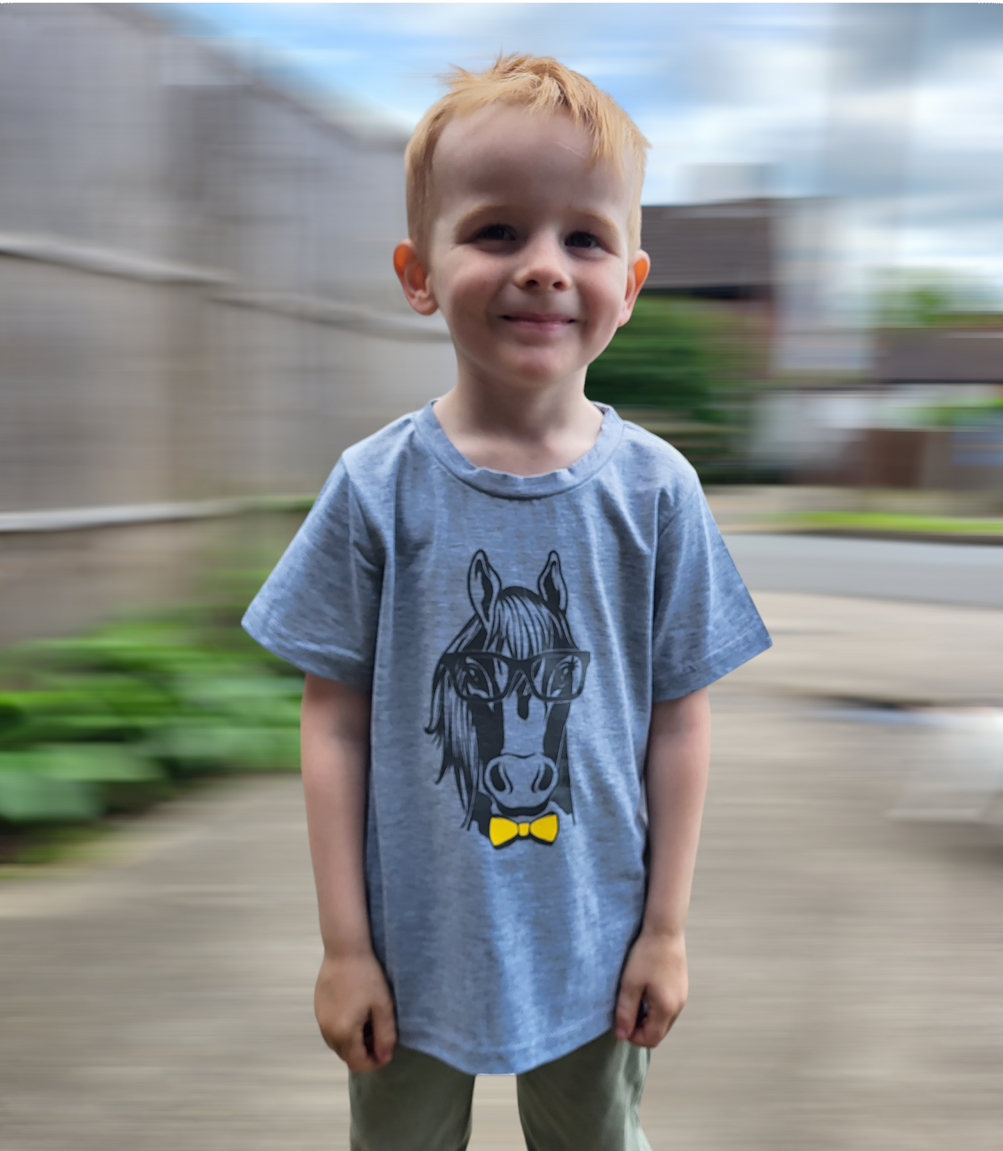 Childrens grey horse with glasses and bow tie tshirt