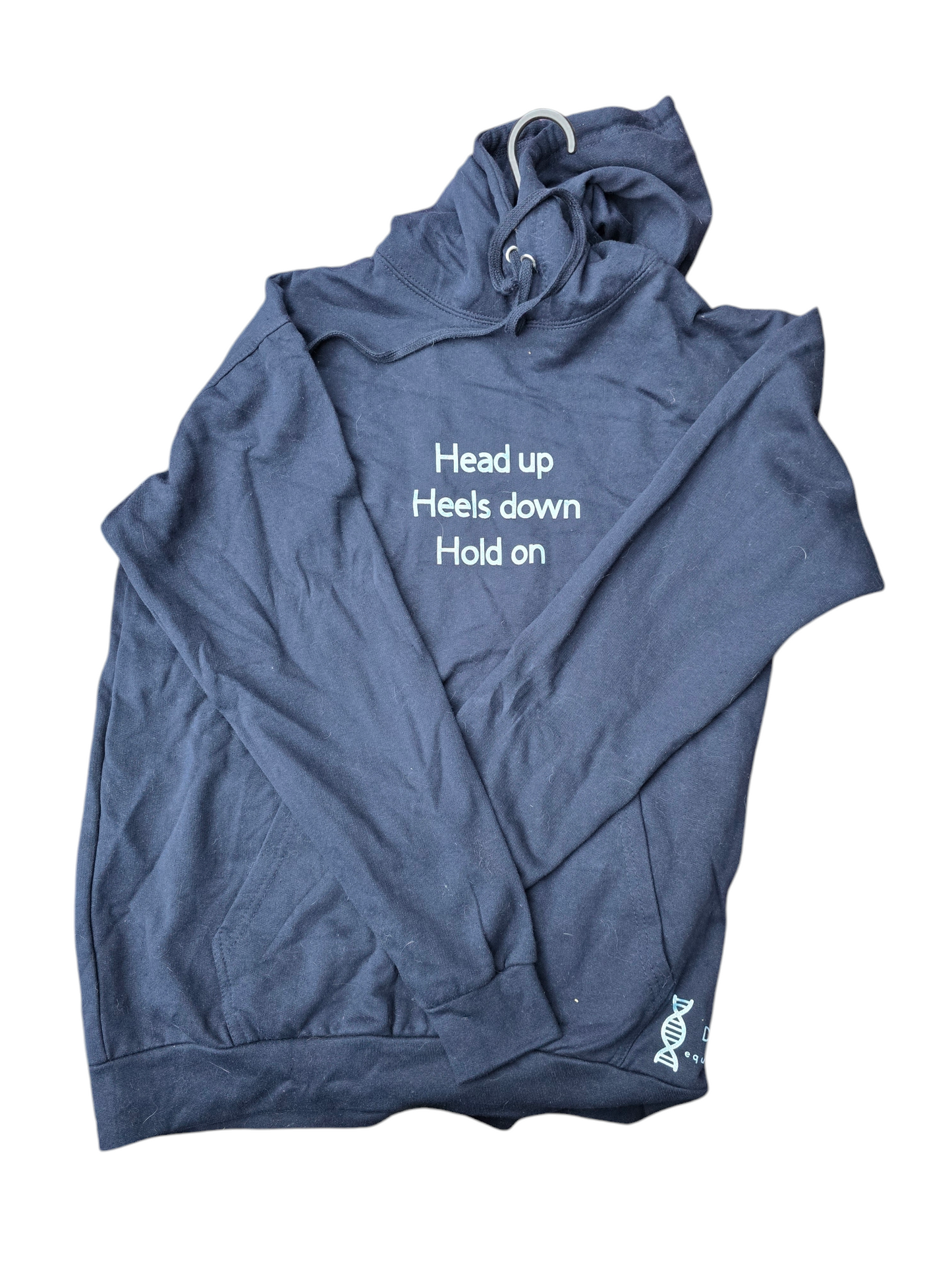 Navy hoodie "head up, heels down, hold on"