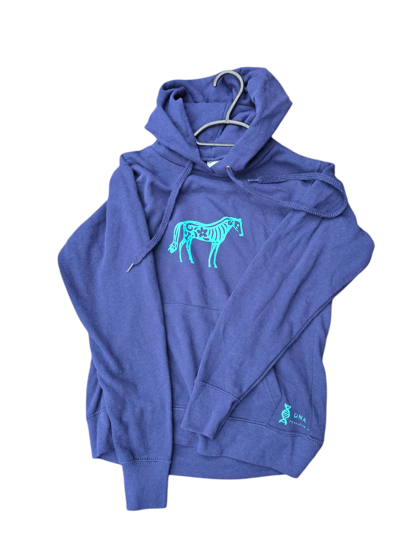 Navy ladies fit hoodie with green horse