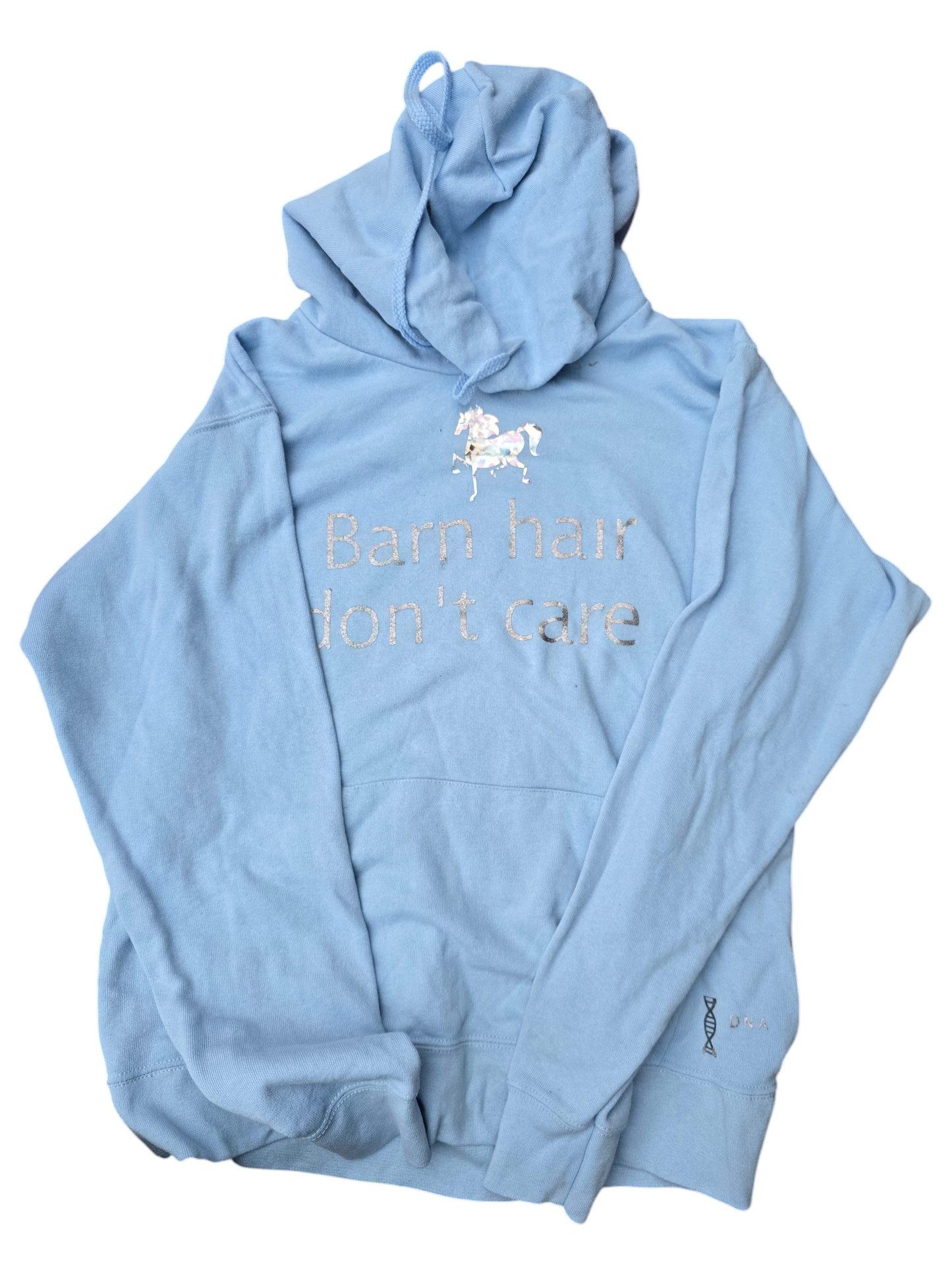Ladies fit "barn hair, don't care" baby blue hoodie