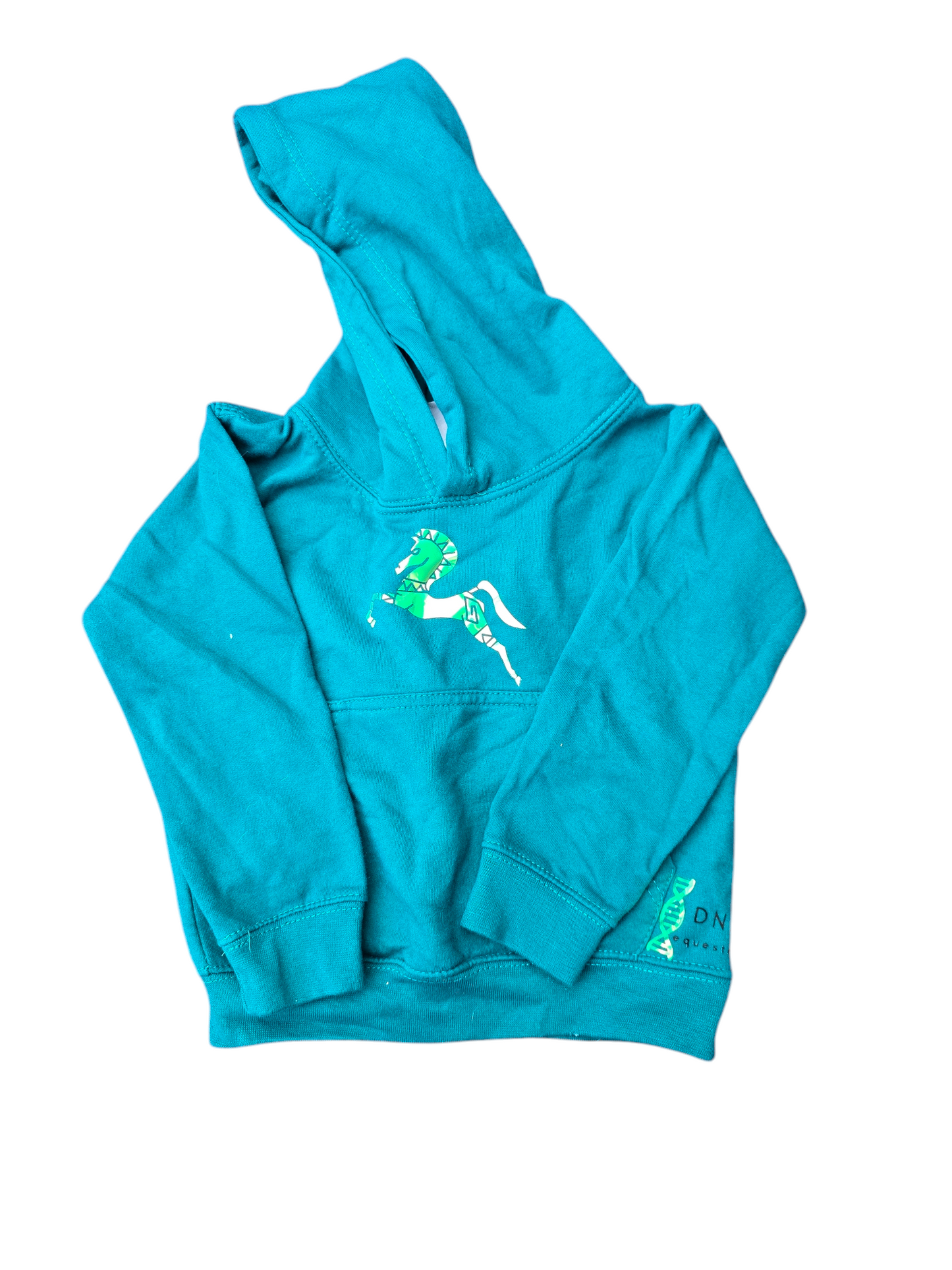 Green hoodie with golden horse
