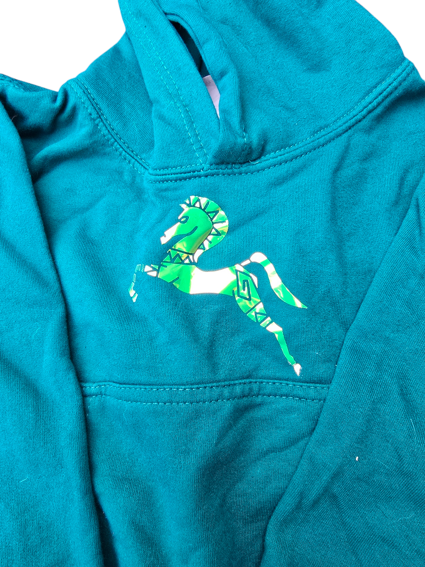Green hoodie with golden horse