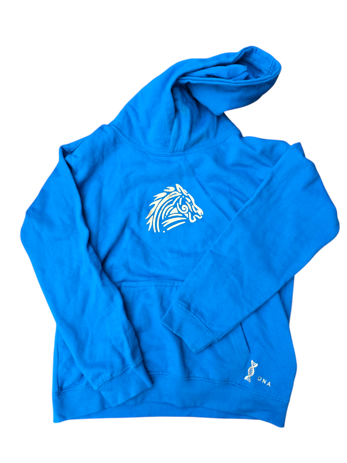 Blue hoodie with gold horse design