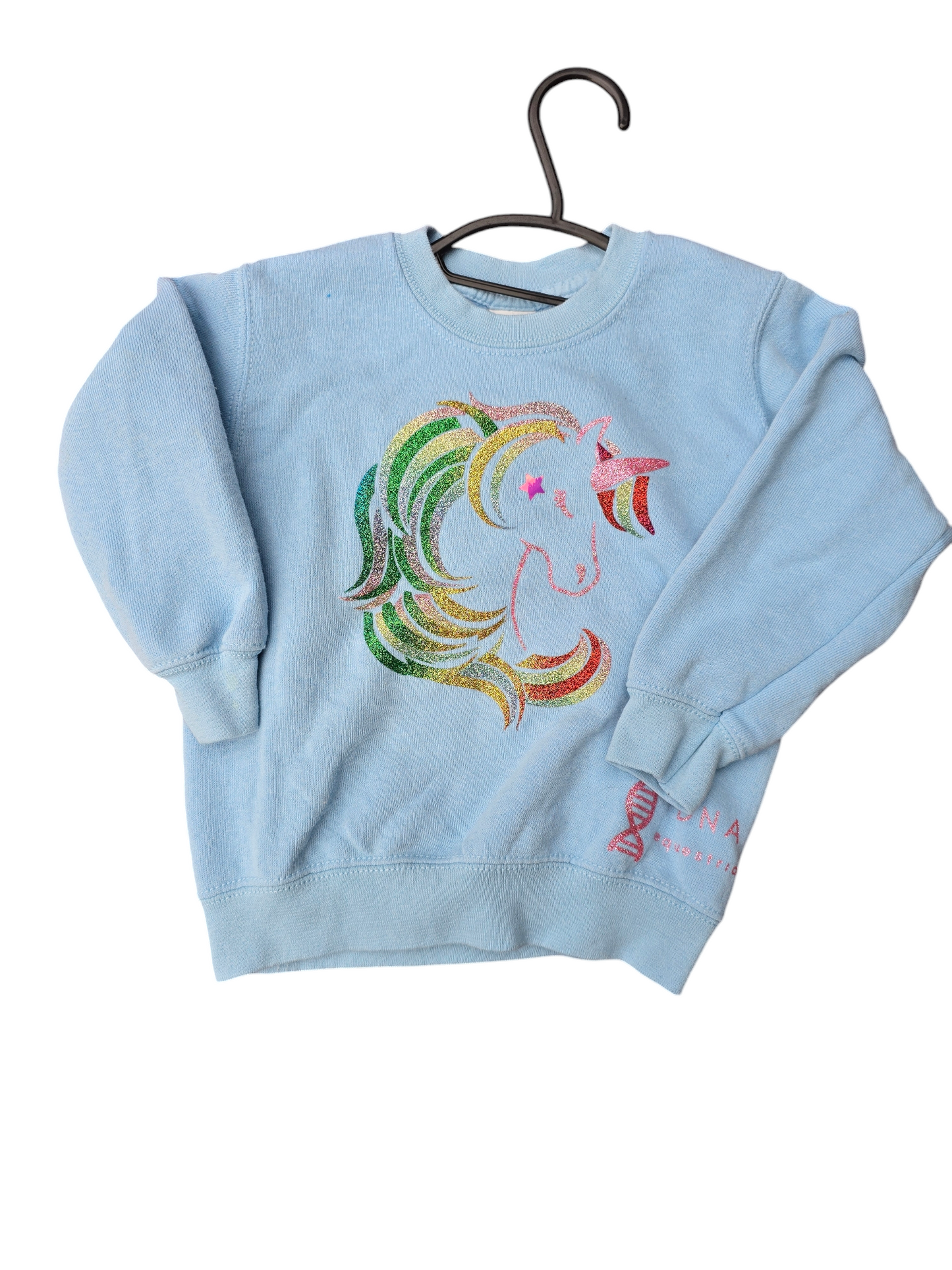 Baby blue childrens sweatshirt with glitter rainbow unicorn.