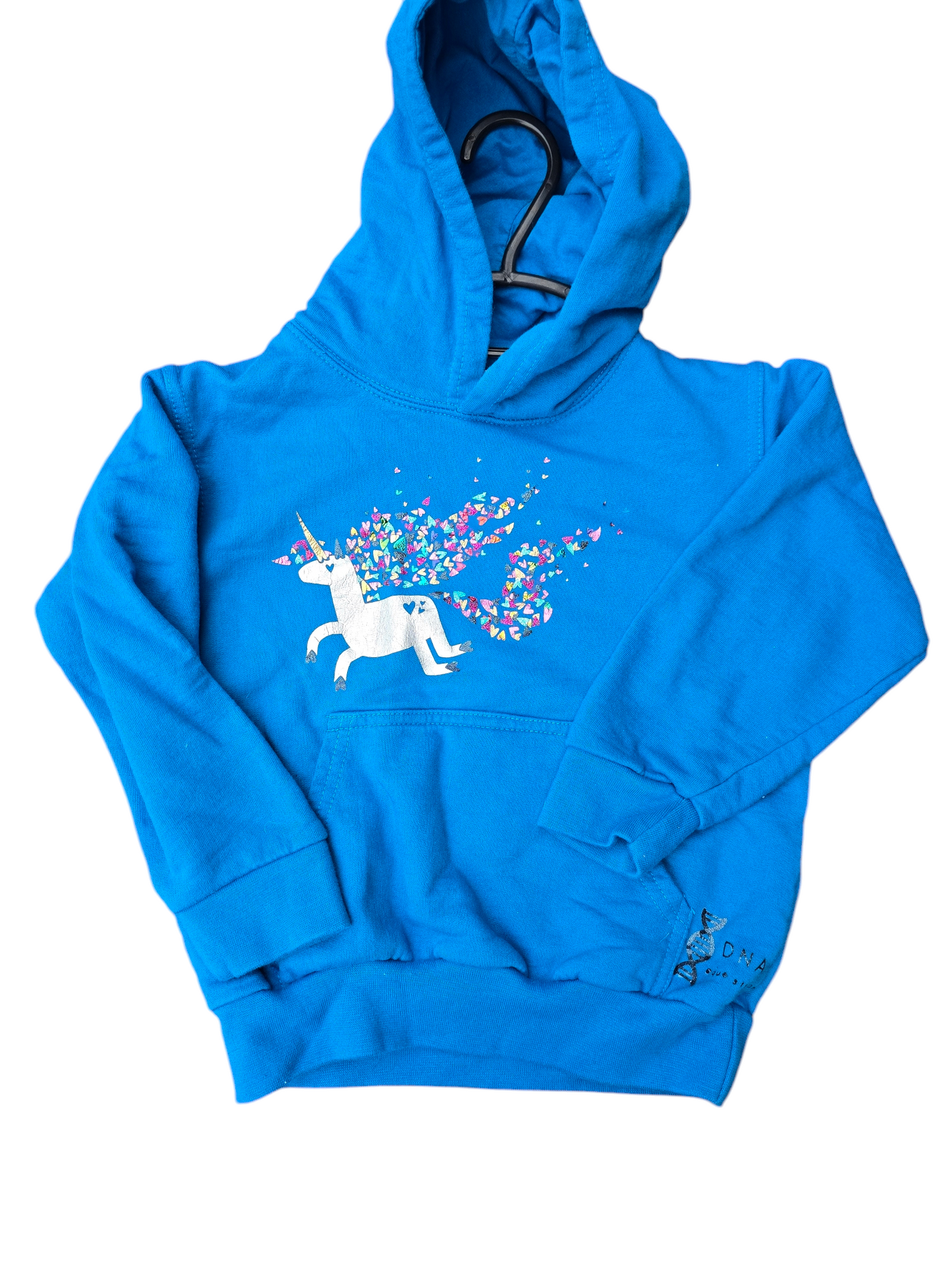 Childrens blue hoodie with heart mane unicorn.