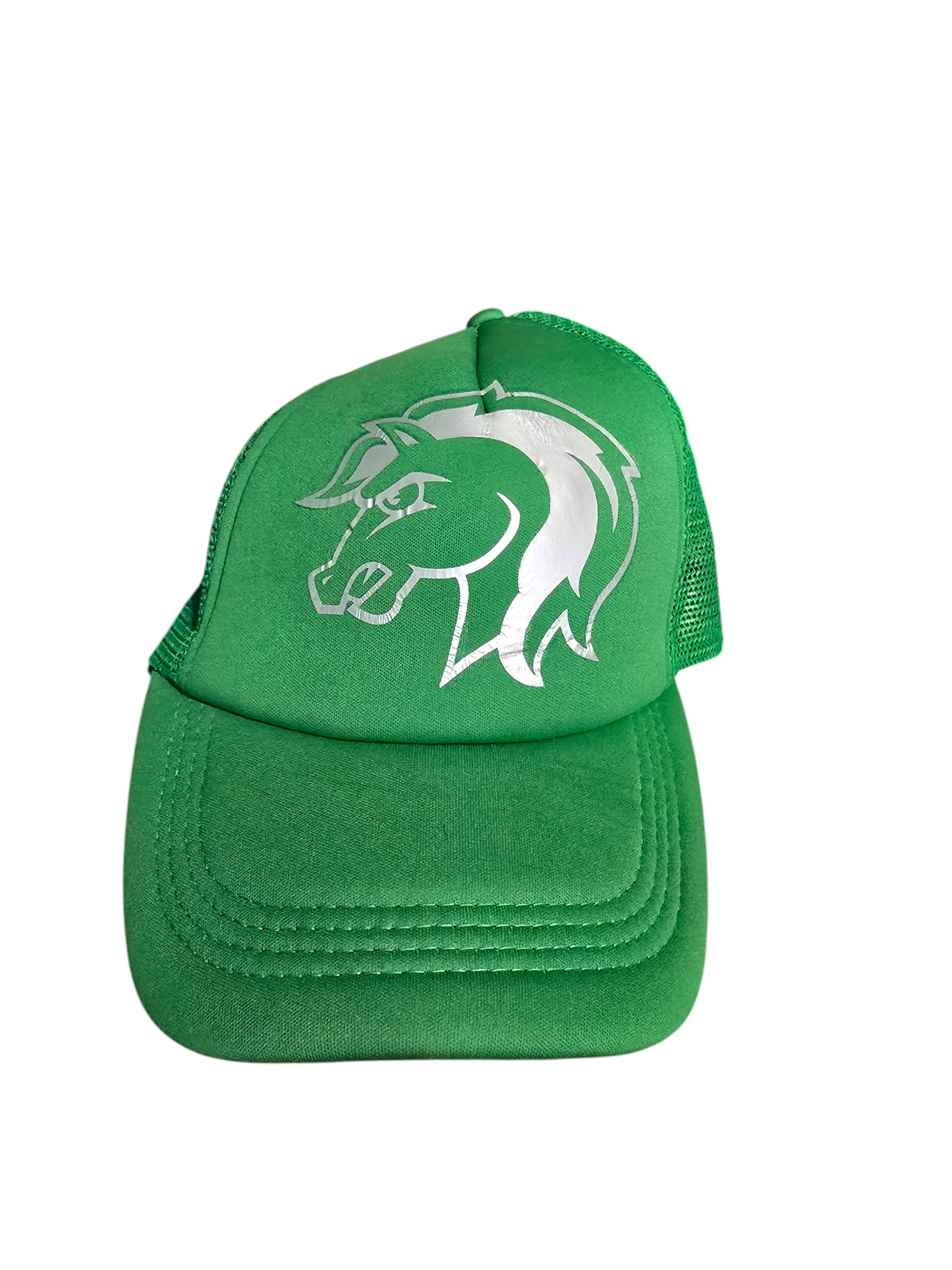 Green baseball cap with silver horse