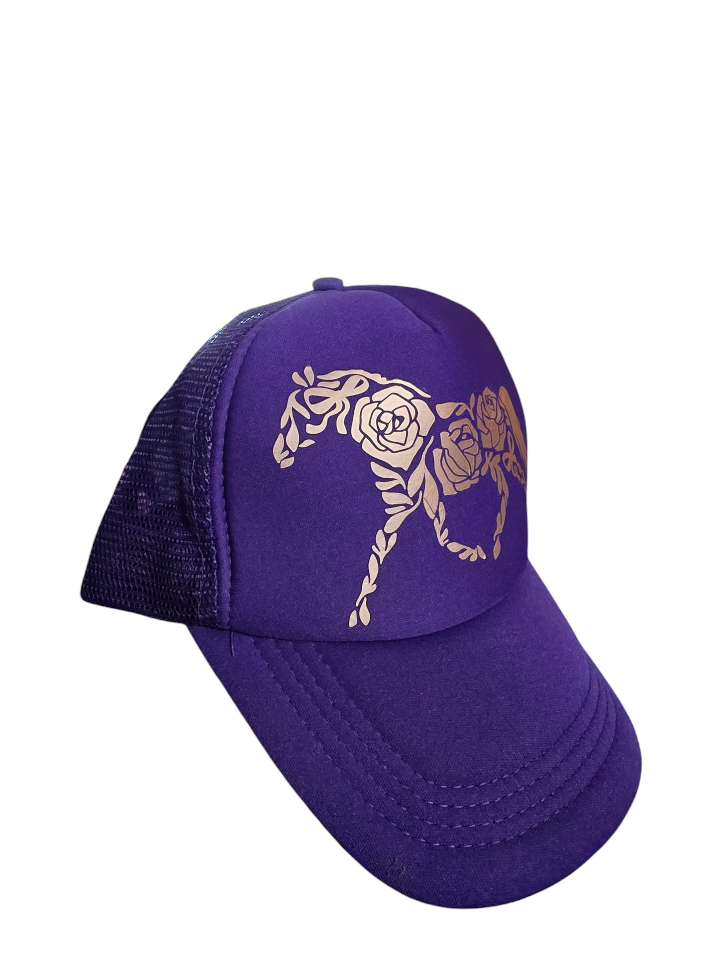 Purple baseball cap with rose horse design