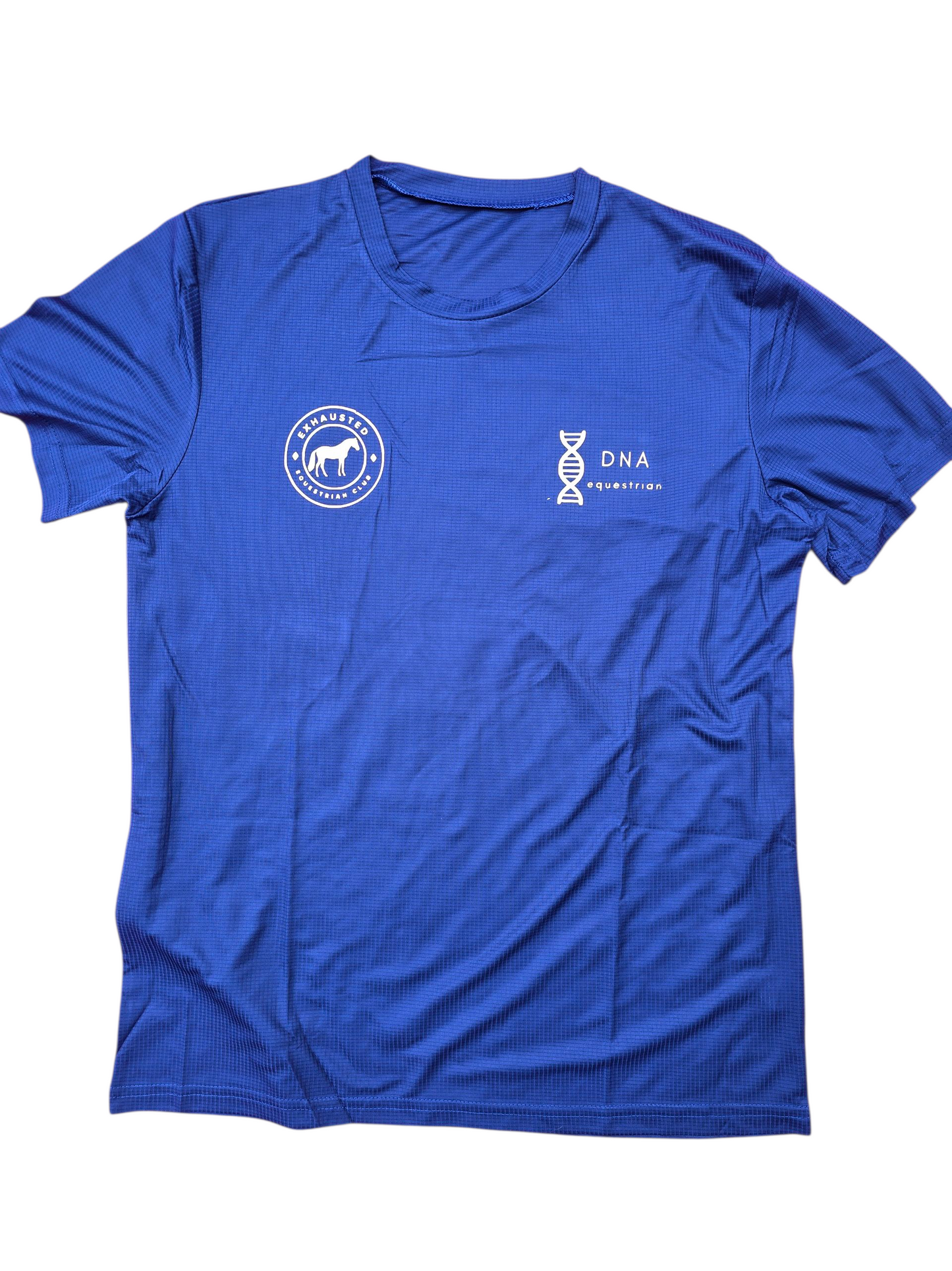 Exhausted equestrian blue unisex adult t-shirt