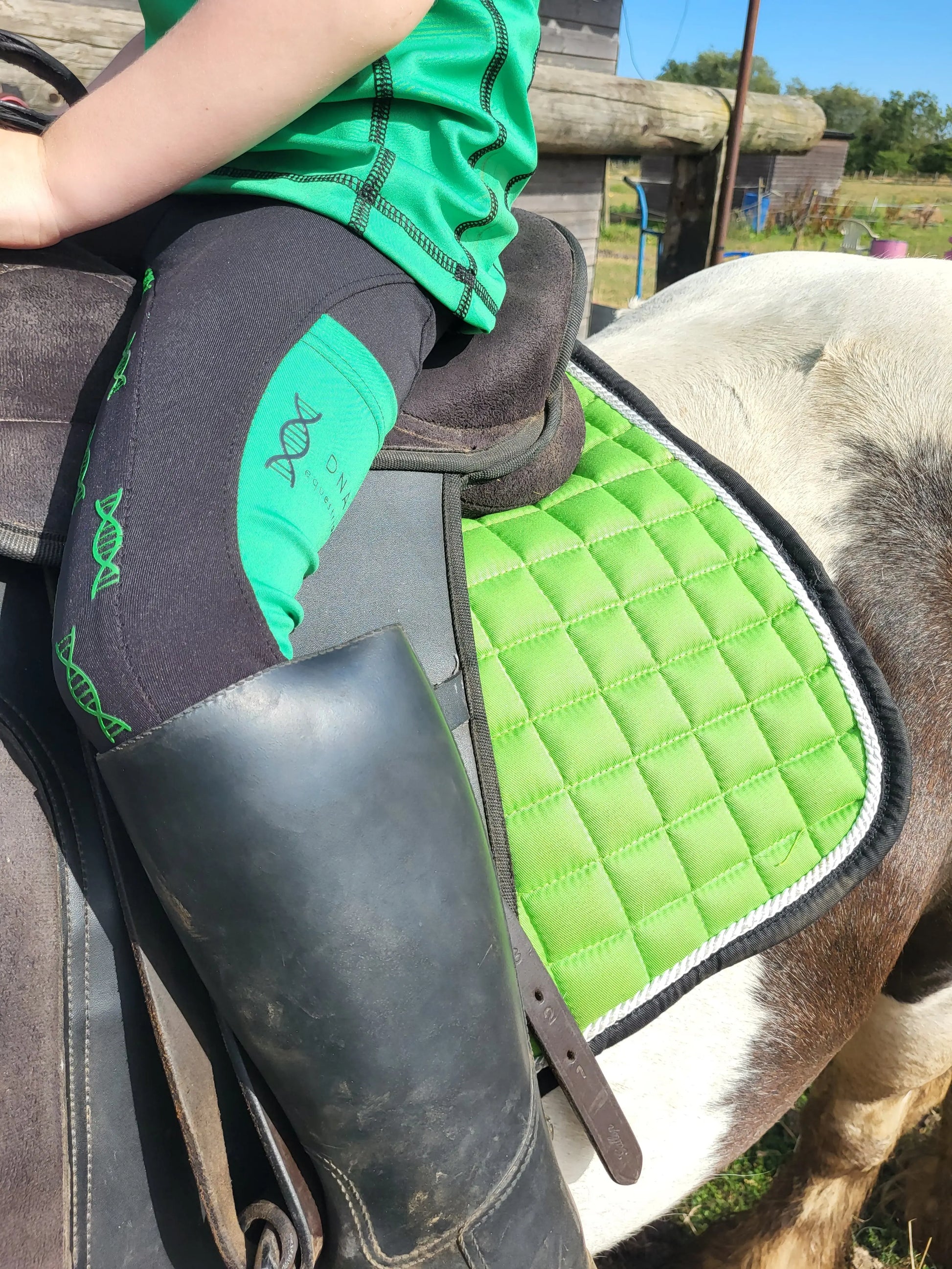 Childrens riding tights in green/black DNA equestrian ltd