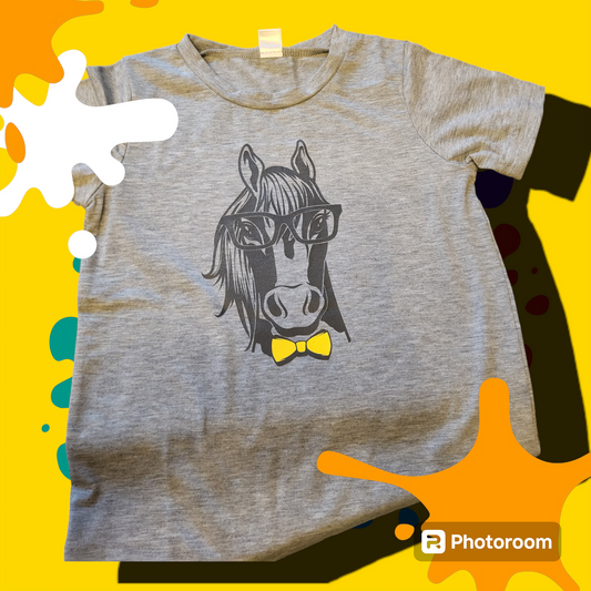 Childrens grey horse with glasses and bow tie tshirt