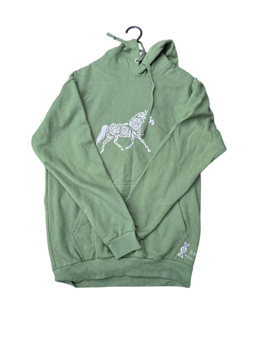 Unisex green hoodie with purple shimmer rose horse