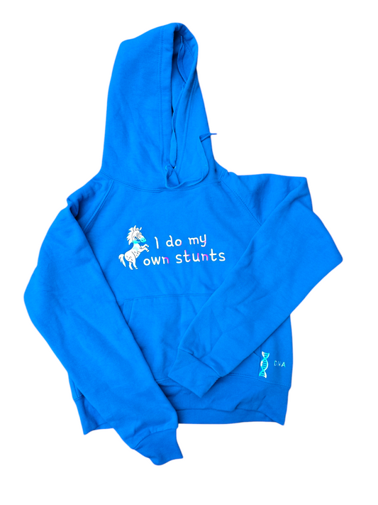 Ladies fit blue "I do my own stunts" hoodie