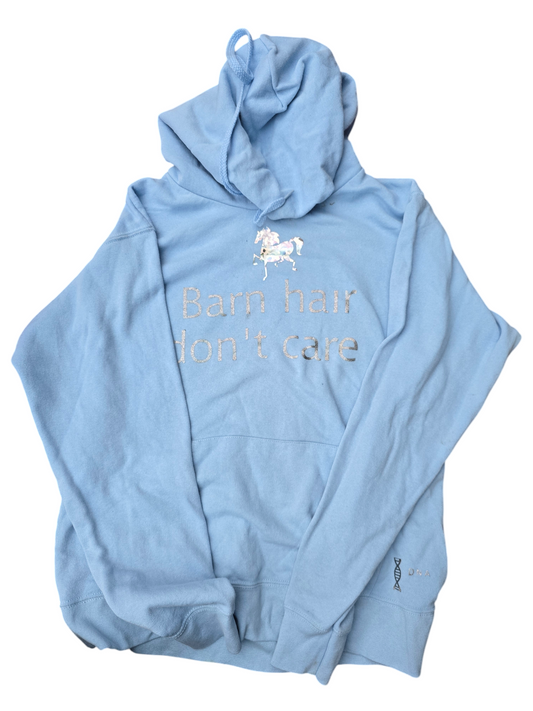 Ladies fit "barn hair, don't care" baby blue hoodie