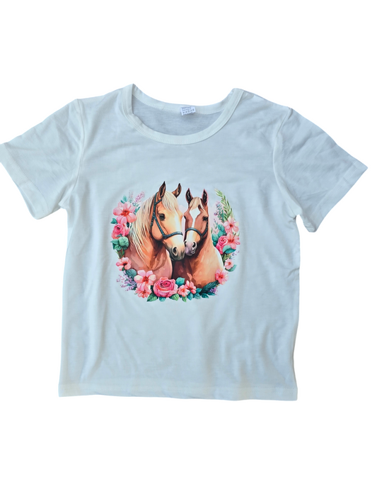 Childrens horses and flowers white tshirt