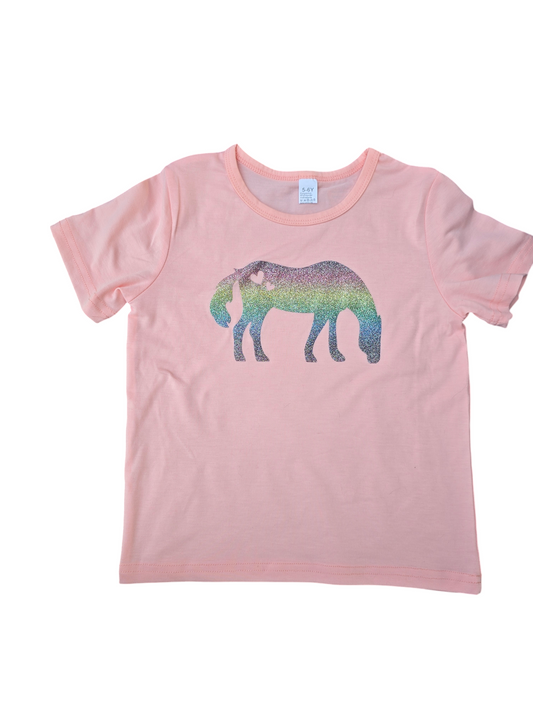 Childrens peach rainbow glitter pony tshirt