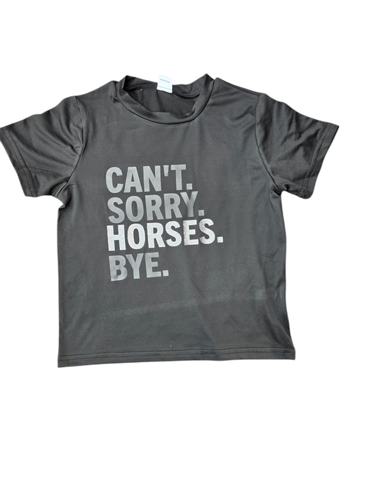 Childrens "can't, sorry, horses, bye" tshirt in black