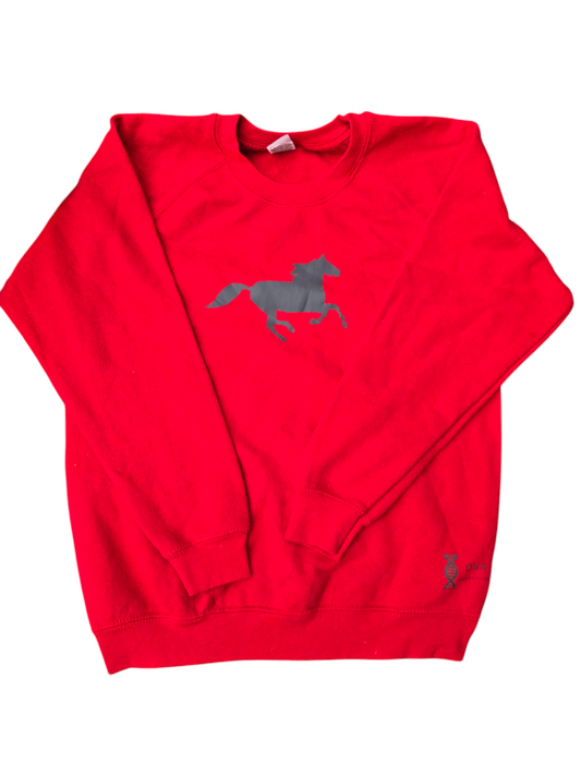 Childrens red sweatshirt with grey horse.