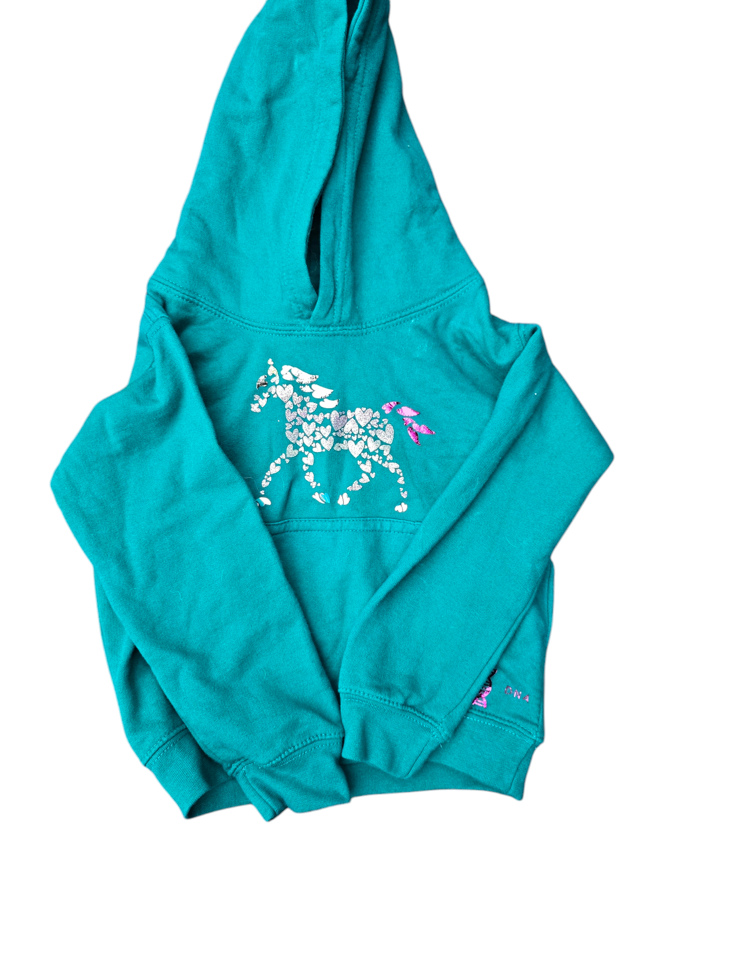 Childrens green hoodie with glitter heart pony.