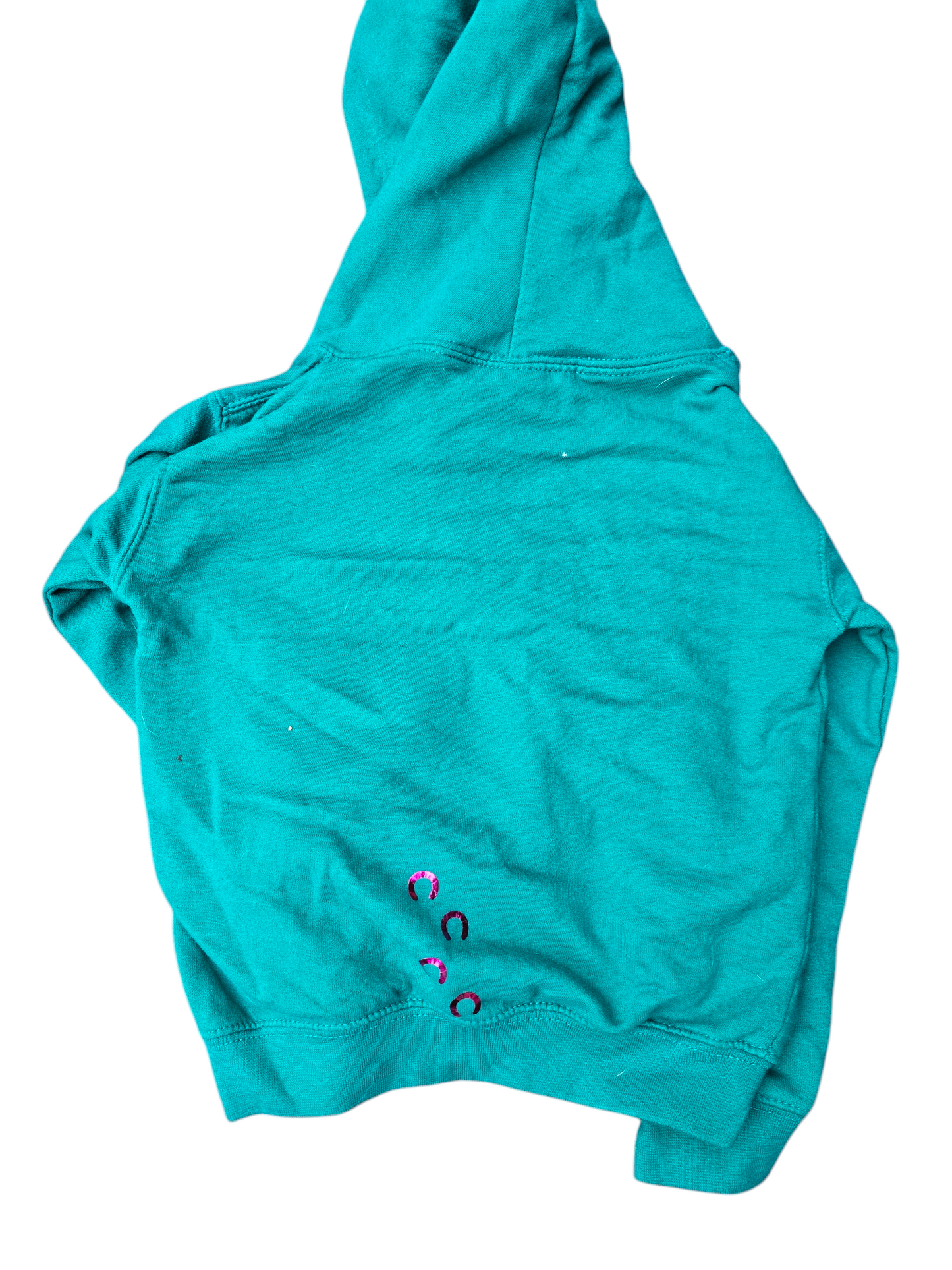 Childrens green hoodie with glitter heart pony.