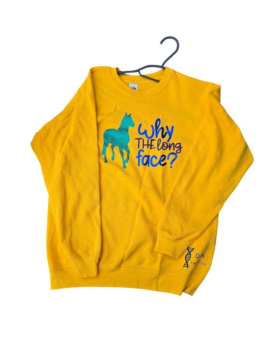 Yellow sweatshirt "why the long face" childrens
