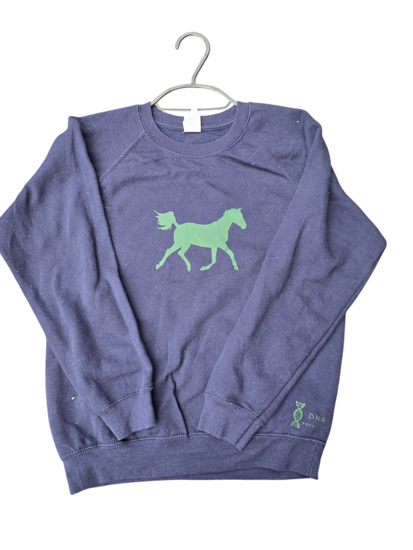 Childrens navy sweatshirt with green horse design
