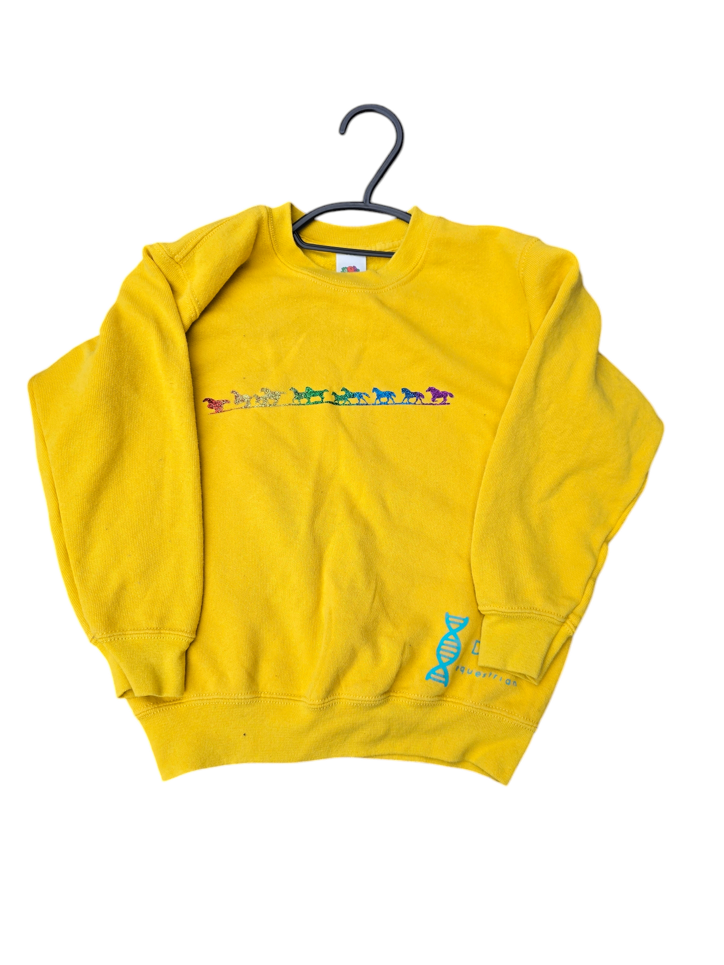 Yellow childrens sweatshirt rainbow glitter horses.