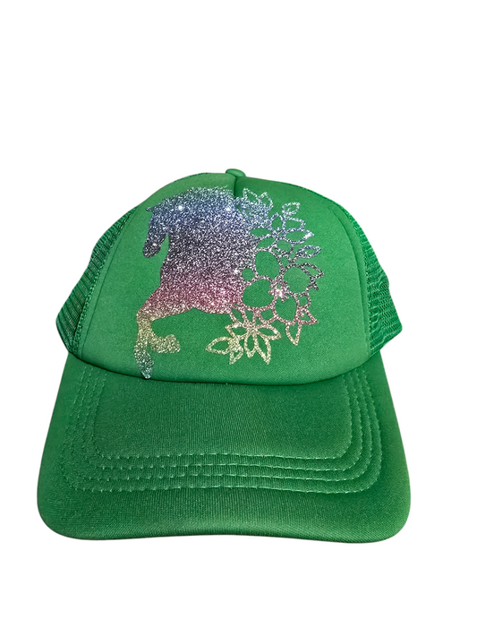 Green baseball cap with rainbow glitter horse