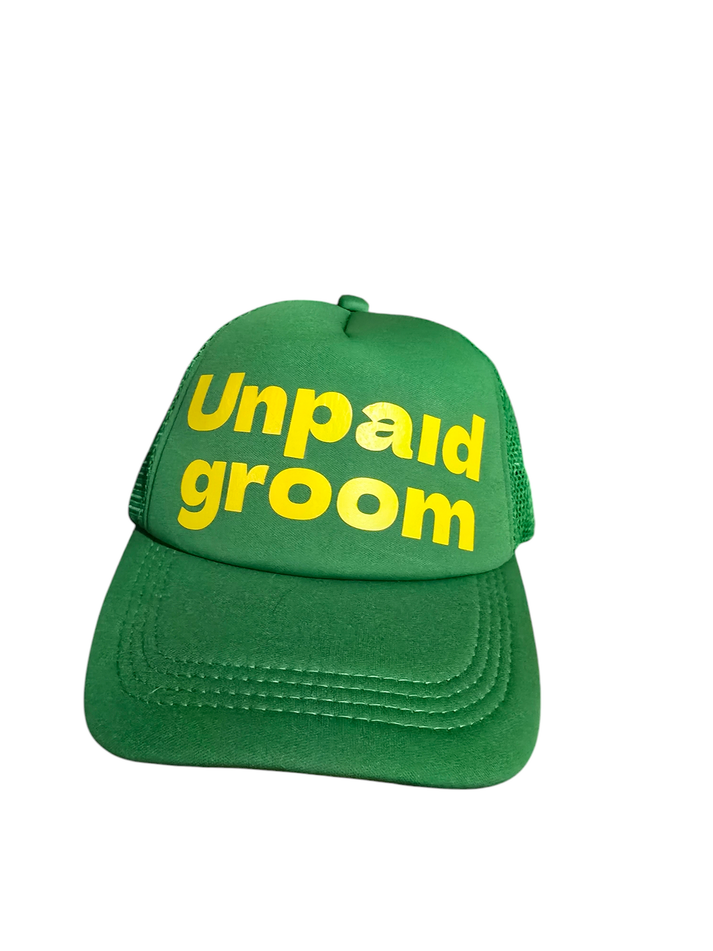 Green baseball cap yellow unpaid groom