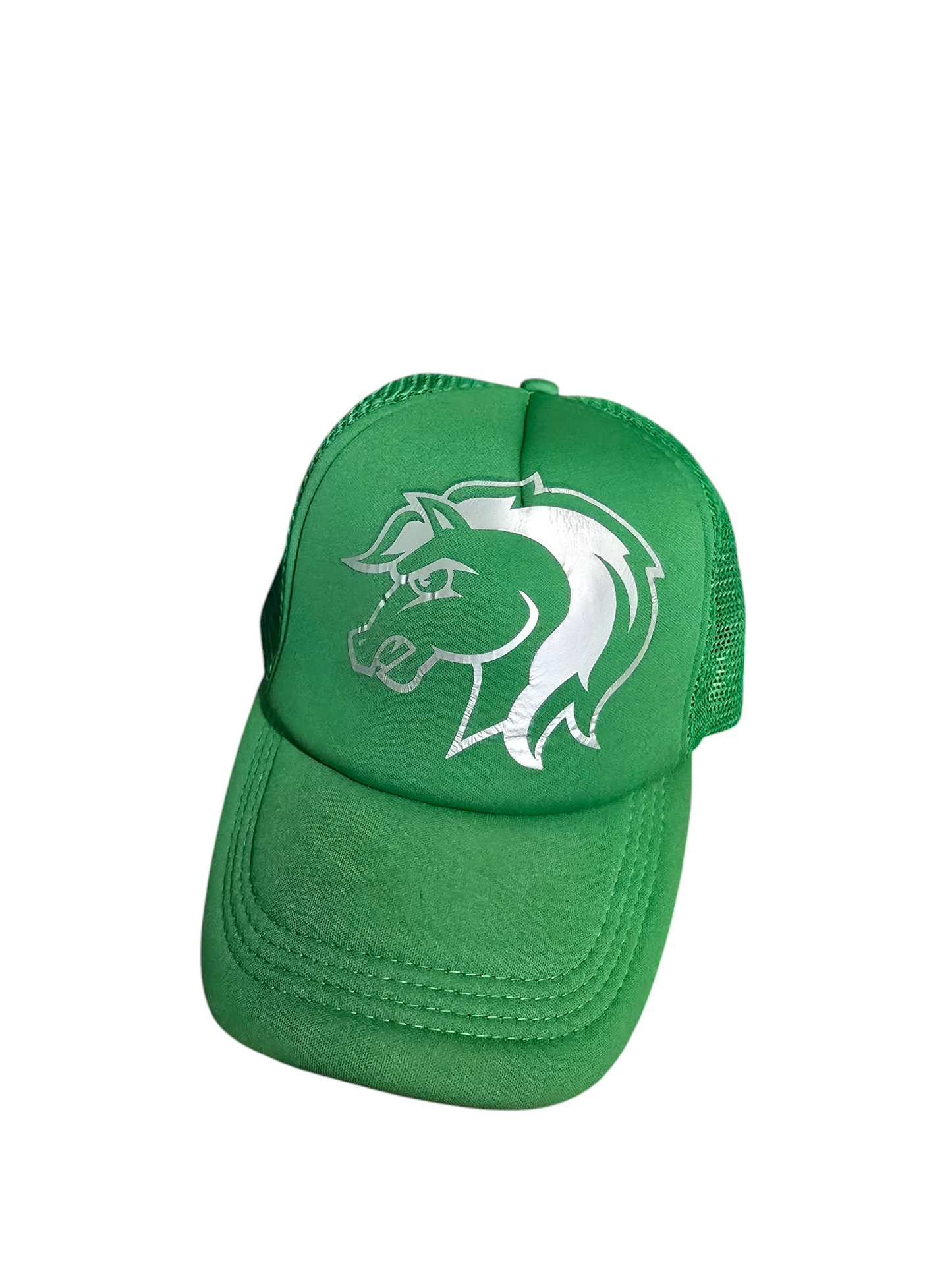 Green baseball cap with silver horse