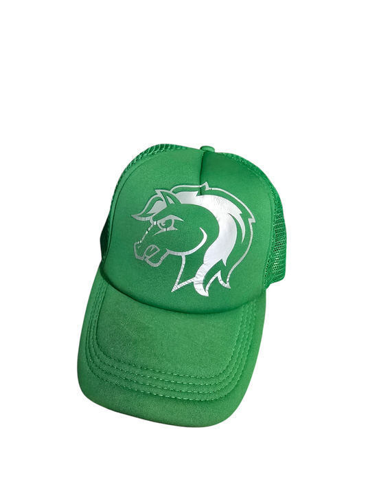 Green baseball cap with silver horse