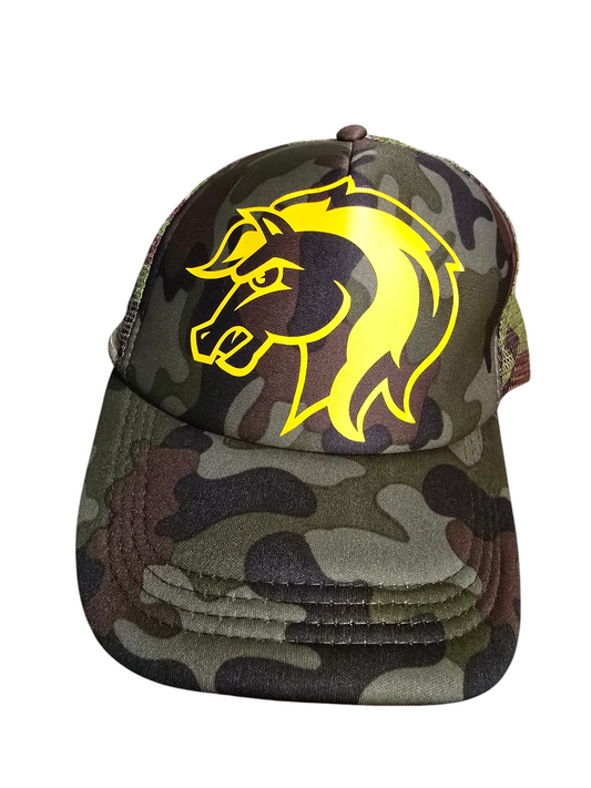 Camouflage baseball cap with tough looking yellow horse design