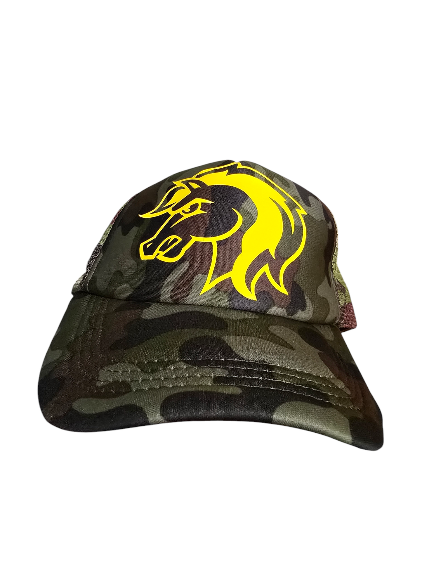 Camouflage baseball cap with tough looking yellow horse design